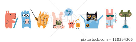 Set of cute funny characters. Education and study concept. Frog, rabbit, capybara and cat go to school. Trendy modern vector illustration isolated on white, hand drawn, flat Set of cute funny characters. Education and study concept. Frog, rabbit, capybara and cat go to school. Trendy modern vector illustration isolated on white, hand drawn, flat 118394306