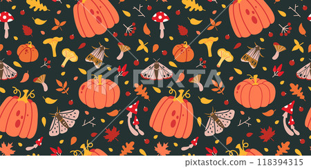Seamless patter with autumn vibes, pumpkins, mushrooms, harvest, yellow leaves and moths. Trendy modern vector illustration on black background, hand drawn, flat 118394315