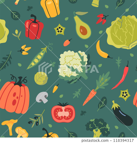 Seamless patter with Vegetables on green background. Healthy eating, fresh food and farm products. Trendy modern vector illustration, hand drawn, flat 118394317