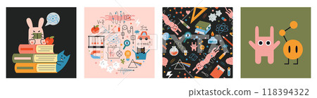 Education and study concept set with cute characters and seamless pattern. Physics lesson at school. Formulas, drawings, and equipment for classes. Trendy modern vector illustration, hand drawn, flat 118394322