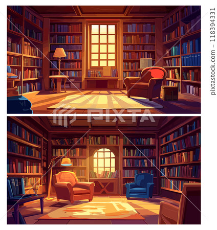 Home library interiors. Domestic room for comfortable book reading, indoor bookshelves and cozy armchair for book education and relax, set vector illustration Home library interiors. Domestic room for comfortable book reading, indoor bookshelves and cozy armchair for book education and relax, set vector illustration 118394331