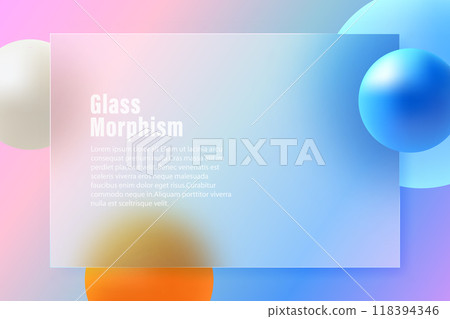 Glass morphism style website landing page template. Horizontal presentation screen with glass overlay effect on sphere. Glass morphism style website landing page template. Horizontal presentation screen with glass overlay effect on sphere. 118394346