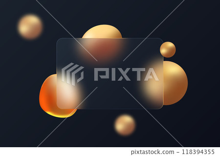 Transparent frosted glass website landing page template with golden spheres on black background. 118394355