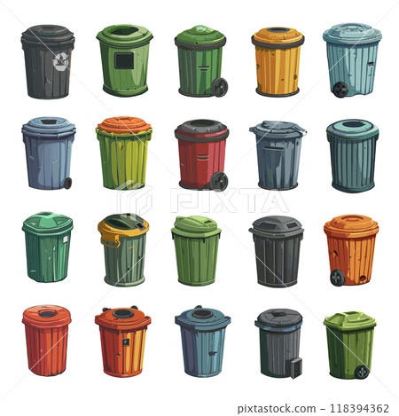 Garbage cans. Trash containers, metallic and plastic empty basket for waste, cartoon icons set vector illustration 118394362