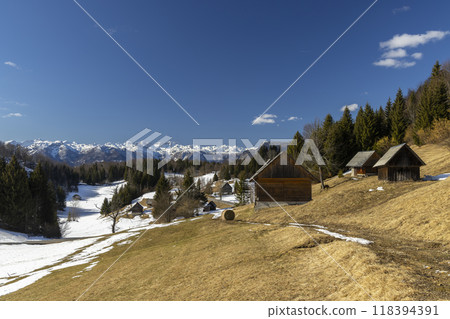 Typical wooden log cabins in Gorjuse, Triglavski national park, Slovenia 118394391