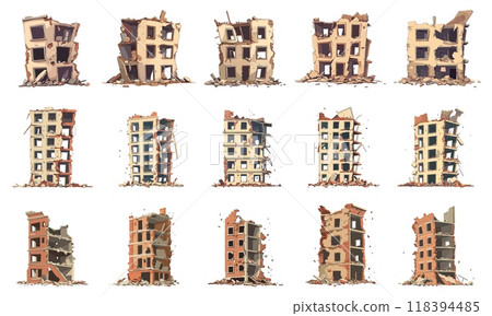Destroyed buildings. Destruction town architecture, war earthquake or apocalypse accident extreme city damage infrastructure, set vector illustration Destroyed buildings. Destruction town architecture, war earthquake or apocalypse accident extreme city damage infrastructure, set vector illustration 118394485