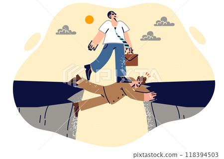 Business man exploits subordinate to achieve goals, walks over employee hanging over cliff 118394503