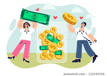 Monetary donations to charity from man and woman throwing coins and banknotes into transparent jar 118394508