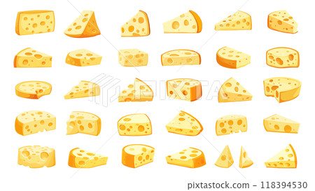 Cheeses. Yellow cheese snack food, cheddar piece and triangle slice healthy dairy product, set vector illustration 118394530