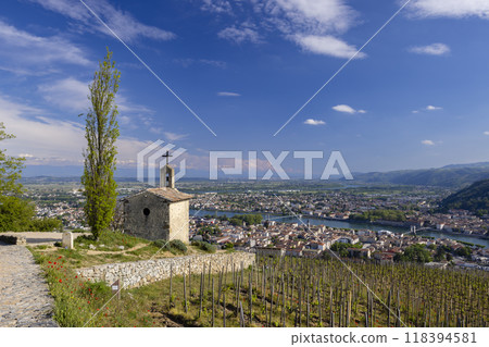 Grand cru vineyard and Chapel of Saint Christopher, Tain l'Hermitage, Rhone-Alpes, France Grand cru vineyard and Chapel of Saint Christopher, Tain l'Hermitage, Rhone-Alpes, France 118394581