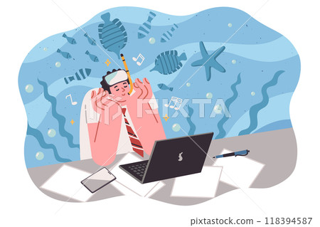 Man office clerk dreams of diving in ocean, sitting at workplace and imagining underwater swimming 118394587