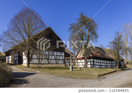 Half-timbered farmhouse, folk architecture in Doubrava, Western Bohemia, Czech Republic 118394645