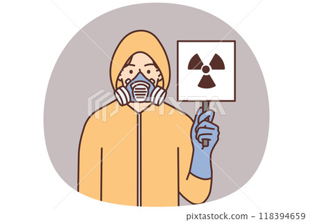 Man in uniform show sign of radiation Man in uniform show sign of radiation 118394659