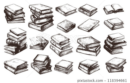 Books sketches. Paper literature ink graphic, old book hand drawing stack textbook, set vector illustration 118394661