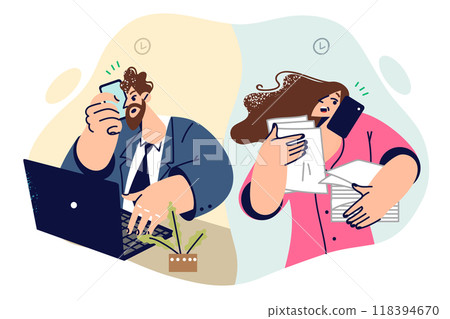 Business communication between man boss and woman secretary via mobile phone to discuss work plan Business communication between man boss and woman secretary via mobile phone to discuss work plan 118394670