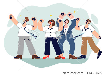 Business people celebrate corporate holiday and raise hands up rejoicing at start of vacation 118394672