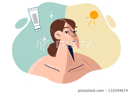 Girl uses SPF cream to avoid tanning in summer, for fear of getting skin cancer due to sun rays Girl uses SPF cream to avoid tanning in summer, for fear of getting skin cancer due to sun rays 118394674