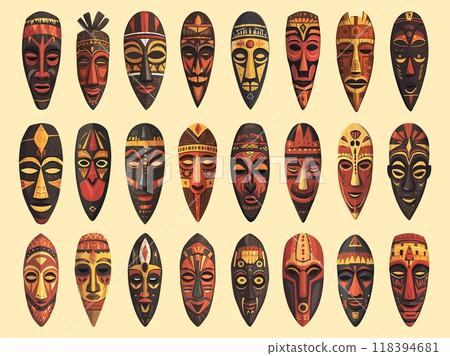 Africans tribal masks. Ethnic decorative ritual symbol design, voodoo face souvenir, aztec culture religions traditional element, set vector illustration 118394681