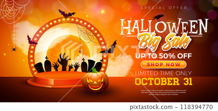 Halloween Sale Banner Illustration with Pumpkin, Podium and Glowing Light Bulb Billboard on Orange Background. Vector Holiday Design Template with Typography Lettering for Offer, Coupon, Celebration Halloween Sale Banner Illustration with Pumpkin, Podium and Glowing Light Bulb Billboard on Orange Background. Vector Holiday Design Template with Typography Lettering for Offer, Coupon, Celebration 118394770