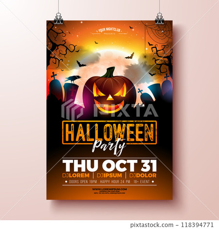 Halloween Party Banner Illustration with Scary Faced Pumpkin and Moon on Red Cemetery Background. Vector Holiday Design Template with Flying Bats and Typography Lettering for Flyer, Party Invitation 118394771