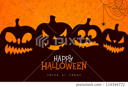 Happy Halloween Vector Illustration with Scary Faced Pumpkins, Spider and Typography Lettering on Dark Brown Background. Holiday Design for Banner, Greeting Card, Celebration Poster, Party Invitation. 118394772