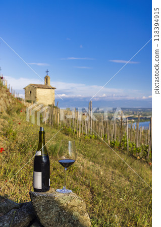Grand cru vineyard and Chapel of Saint Christopher, Tain l'Hermitage, Rhone-Alpes, France 118394915