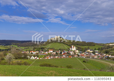 Falkenstein ruins and town with vineyard, Lower Austria, Austria Falkenstein ruins and town with vineyard, Lower Austria, Austria 118395043