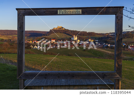 Falkenstein ruins and town with vineyard, Lower Austria, Austria Falkenstein ruins and town with vineyard, Lower Austria, Austria 118395044