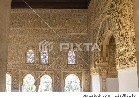 Arabic interiors of Nasrid Palace, Alhambra palace comple, Generalife and Albayzin (Generalife y Albaicin de Granada), UNESCO site, Granada, Andalusia, Spain 118395116