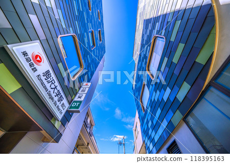 Tokyo cityscape in Japan in September. View of the west exit and elevators (left building) of Tokyu Corporation's Komazawa Daigaku Station on the 15th 118395163