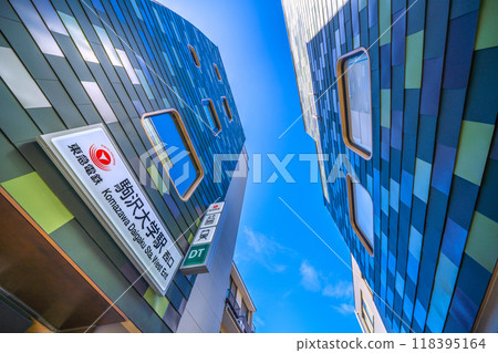 Tokyo cityscape in Japan in September. View of the west exit and elevators (left building) of Tokyu Corporation's Komazawa Daigaku Station on the 15th 118395164