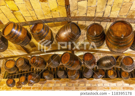 Traditional winemaking equipment in Castello di Razzano, Piedmont, Italy 118395178