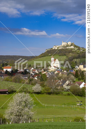 Falkenstein ruins and town with vineyard, Lower Austria, Austria Falkenstein ruins and town with vineyard, Lower Austria, Austria 118395240