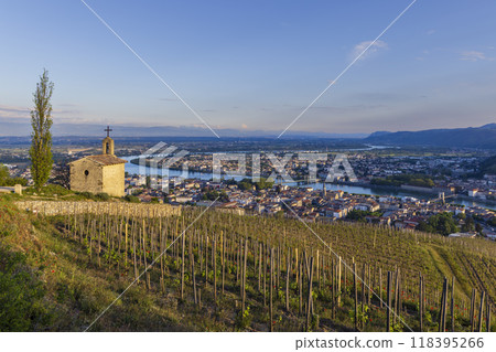 Grand cru vineyard and Chapel of Saint Christopher, Tain l'Hermitage, Rhone-Alpes, France 118395266