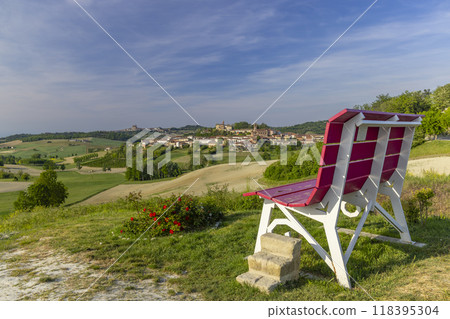 Typical vineyard near Castello di Razzano and Alfiano Natta, Barolo wine region, province of Cuneo, region of Piedmont, Italy 118395304