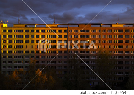 Old block of flats - apartment building made from concrete panels in communist era in eastern Europe, Prague, Czech Republic 118395463