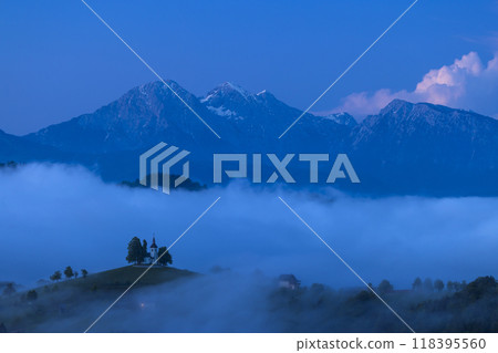 Landscape with St. Thomas Church (Cerkev Sveti Tomaz) near Skofja Loka, Slovenia 118395560