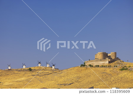 windmills and castle of Consuegra, Castilla La Mancha, Spain windmills and castle of Consuegra, Castilla La Mancha, Spain 118395609