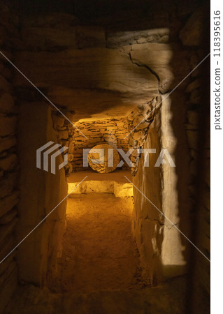 Interior of dolmen de El Romeral, UNESCO site, Antequera, Spain 118395616