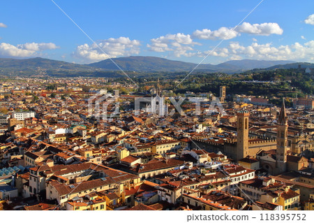Florence, Italy, Southern Europe: World Heritage Site, Historic District, Santa Croce Basilica and the old townscape from Giotto's Campanile 118395752