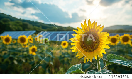 Electricity production from solar energy, banner with solar panels on sunflower field 118395798