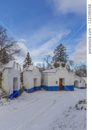 Group of typical outdoor wine cellars in Plze near Petrov, Southern Moravia, Czech Republic Group of typical outdoor wine cellars in Plze near Petrov, Southern Moravia, Czech Republic 118396088