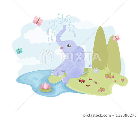 A baby elephant swims on the shore of the lake. A children s illustration depicting a baby elephant sitting on the riverbank, against a blue sky background. The baby elephant splashes in the water. A baby elephant swims on the shore of the lake. A children s illustration depicting a baby elephant sitting on the riverbank, against a blue sky background. The baby elephant splashes in the water. 118396273