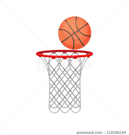 A basketball and a basketball basket. The ball is in the basketball basket. Sports equipment for playing basketball. Vector illustration. A basketball and a basketball basket. The ball is in the basketball basket. Sports equipment for playing basketball. Vector illustration. 118396284