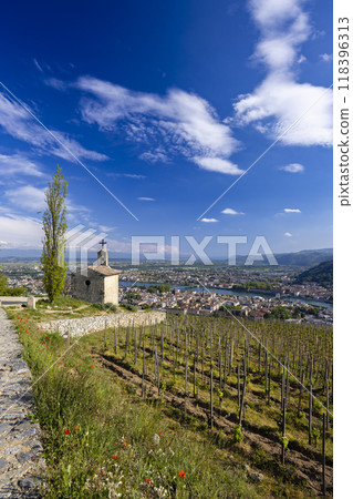 Grand cru vineyard and Chapel of Saint Christopher, Tain l'Hermitage, Rhone-Alpes, France Grand cru vineyard and Chapel of Saint Christopher, Tain l'Hermitage, Rhone-Alpes, France 118396313