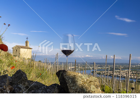 Grand cru vineyard and Chapel of Saint Christopher, Tain l'Hermitage, Rhone-Alpes, France 118396315