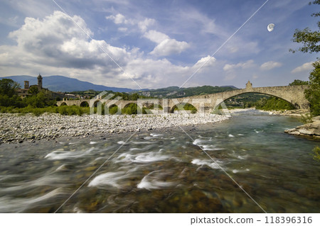 Gobbo Bridge also Devil Bridge or Ponte del Diavolo or Ponte Gobbo in Bobbio, Piacenza province, Trebbia Valley, Emilia Romagna, Italy 118396316