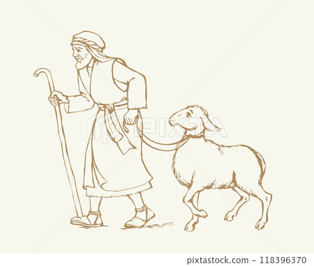 A man leads an sheep for sacrifice. Pencil drawing A man leads an sheep for sacrifice. Pencil drawing 118396370