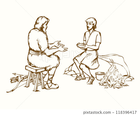 Vector drawing. Jacob gives soup to Esau 118396417