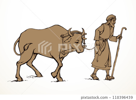 Vector drawing. A man leads an ox Vector drawing. A man leads an ox 118396439